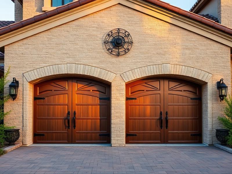 Beautiful Tuscan style garage doors with stone surround on luxury home