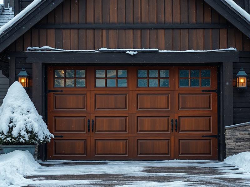 Garage door in winter with snow, properly winterized