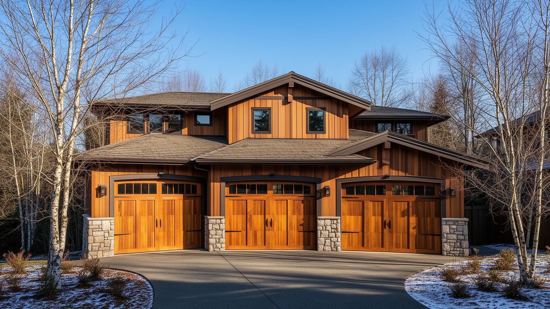 Beautiful Pacific Northwest home with Tuscan inspired garage doors and stone surround in Sprague, Washington