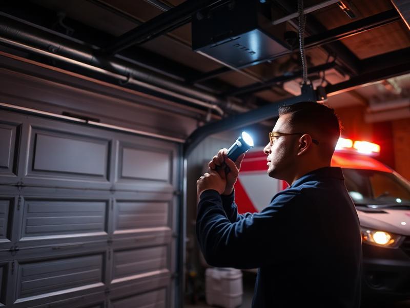 Emergency garage door repair service at night with professional technician