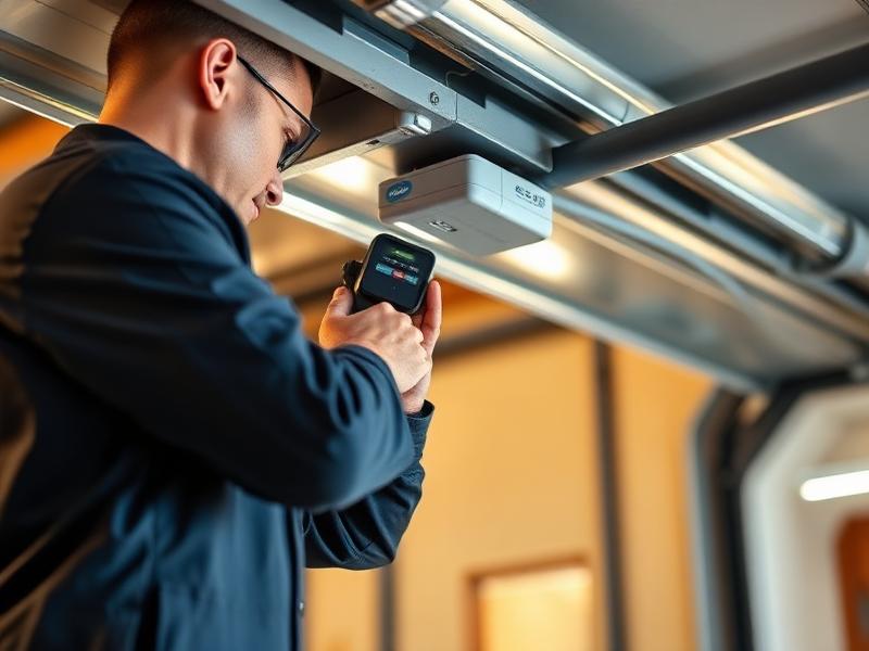 Technician repairing garage door opener with professional diagnostic equipment